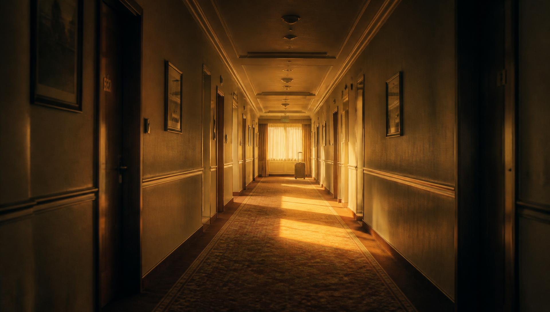 Een stille hotelgang in warm namiddaglicht met één koffer